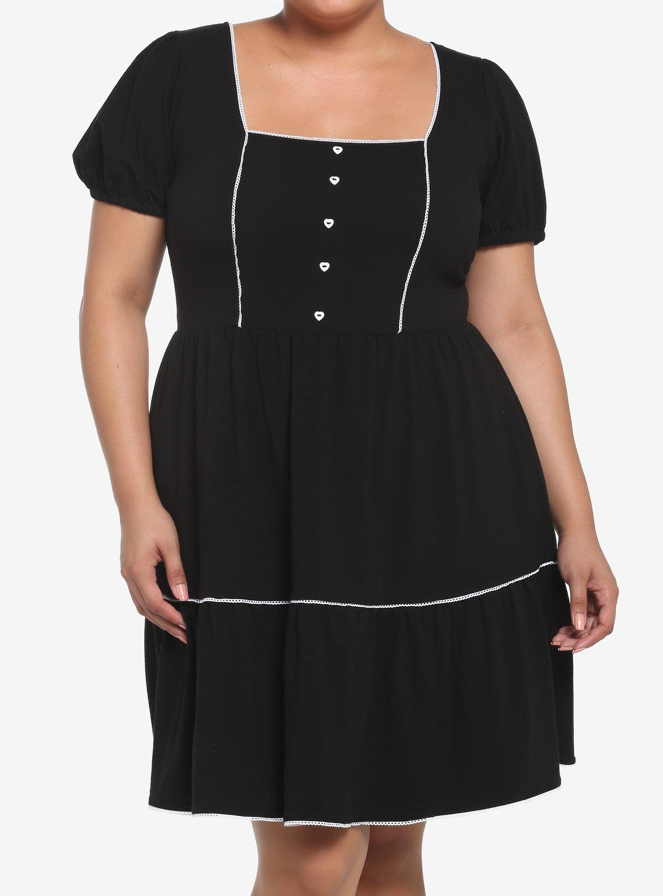 Black Square Neck Tiered Dress Plus Size, BLACK, hi-res