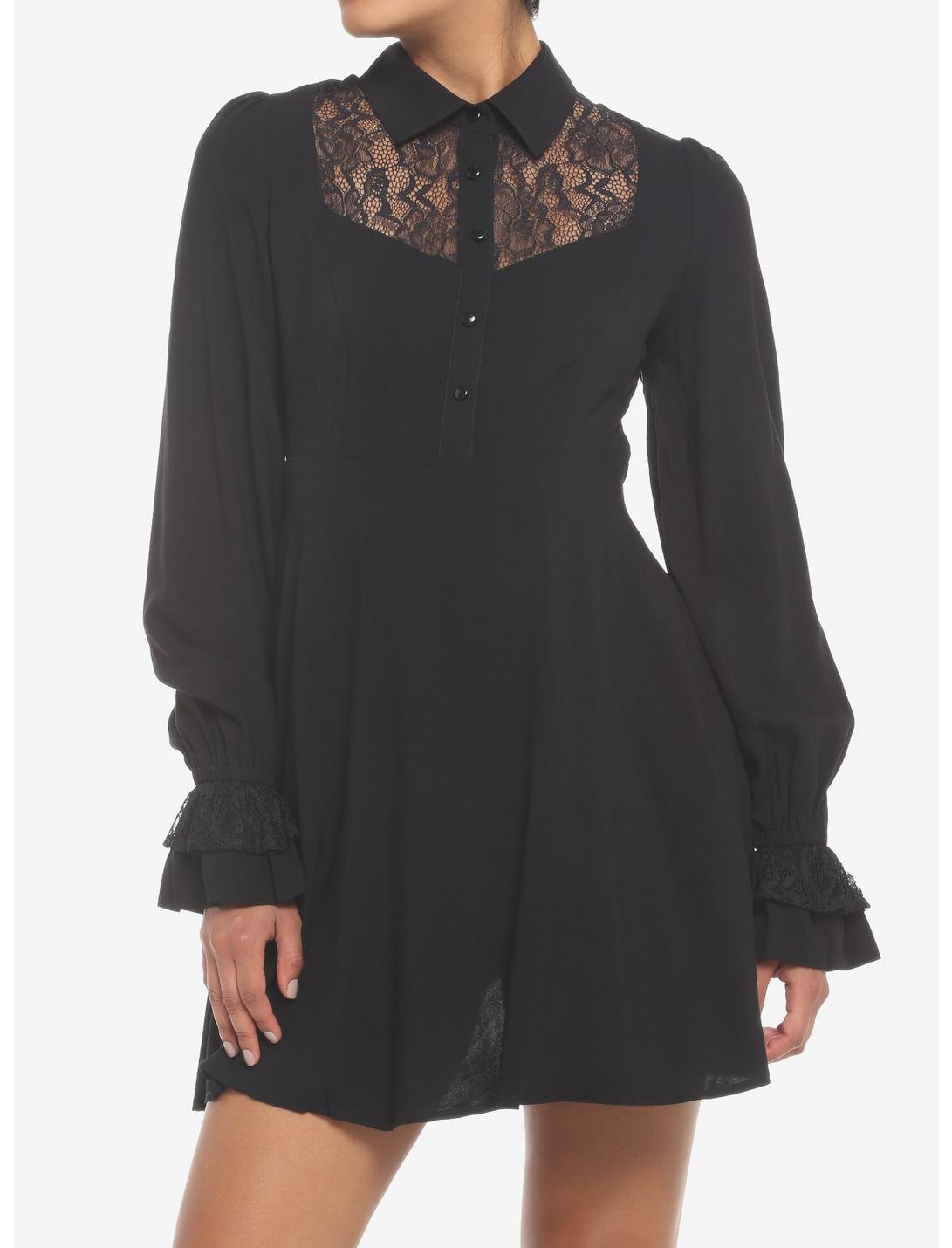 Black Lace Collared Dress, BLACK, hi-res