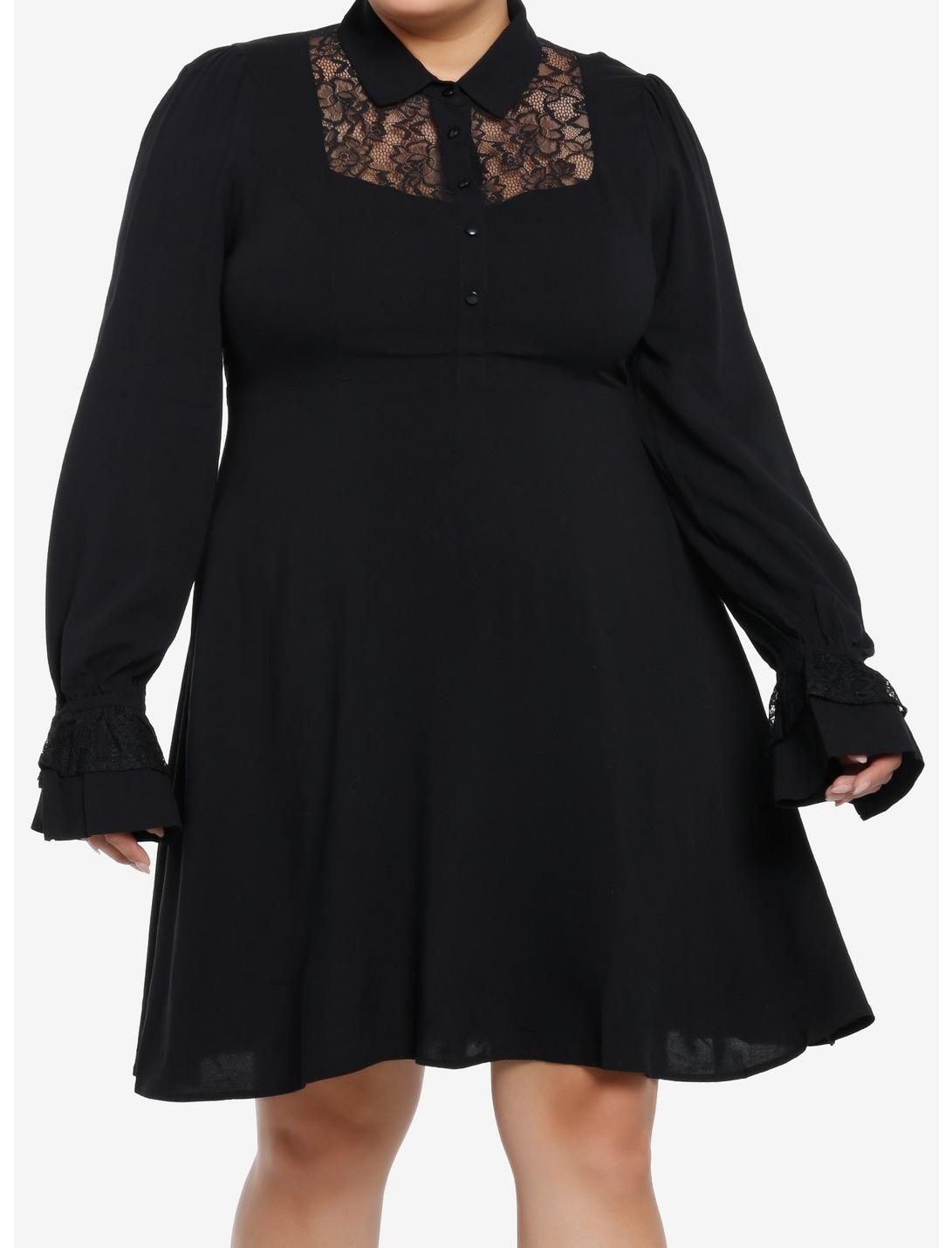 Black Lace Collared Dress Plus Size, BLACK, hi-res