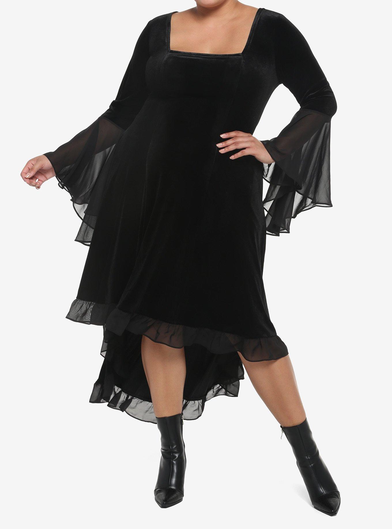 Black Velvet Bell-Sleeve Hi-Low Dress Plus Size, BLACK, hi-res