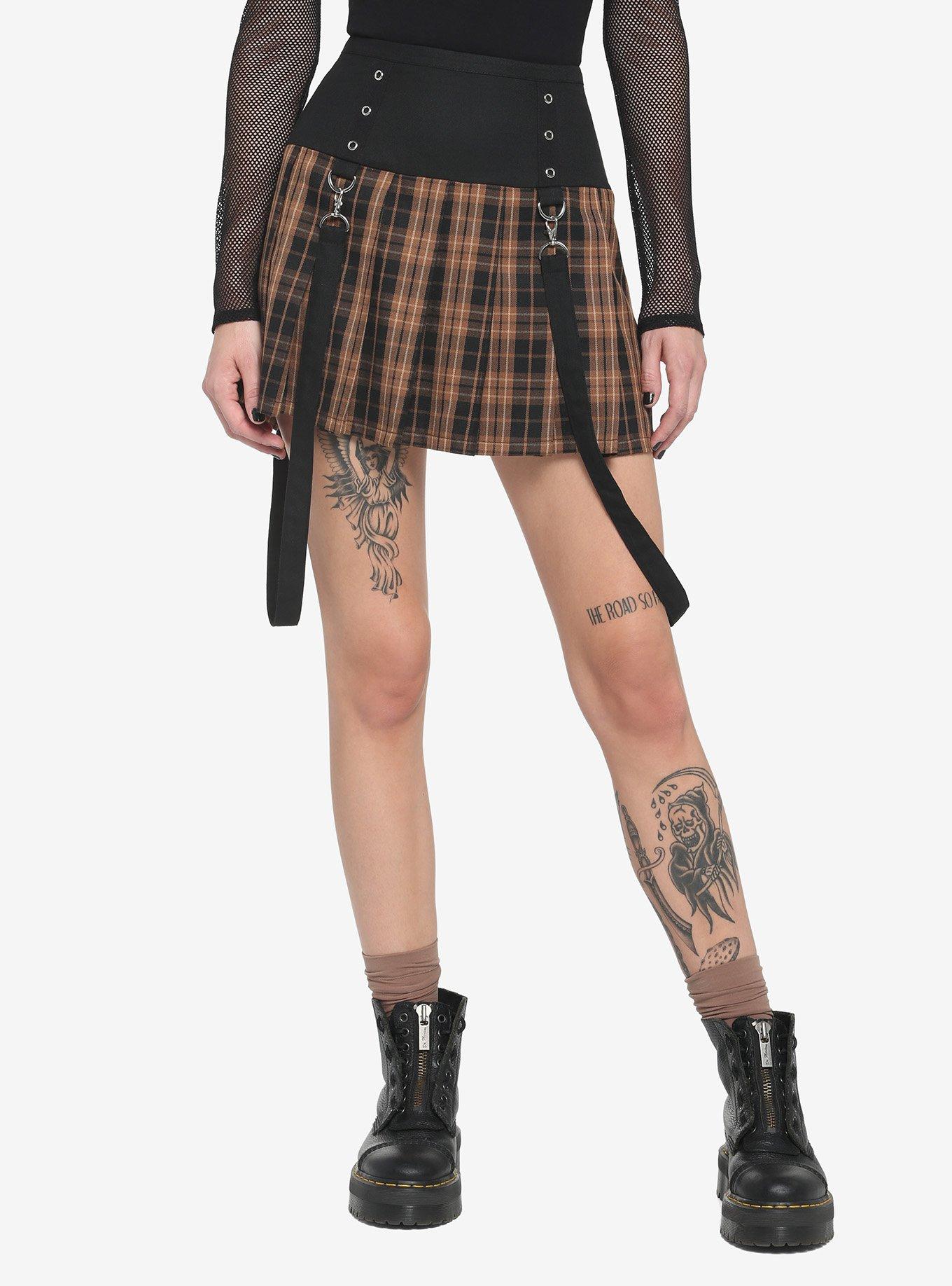 Brown Plaid Pleated Suspender Skirt, PLAID - BROWN, hi-res