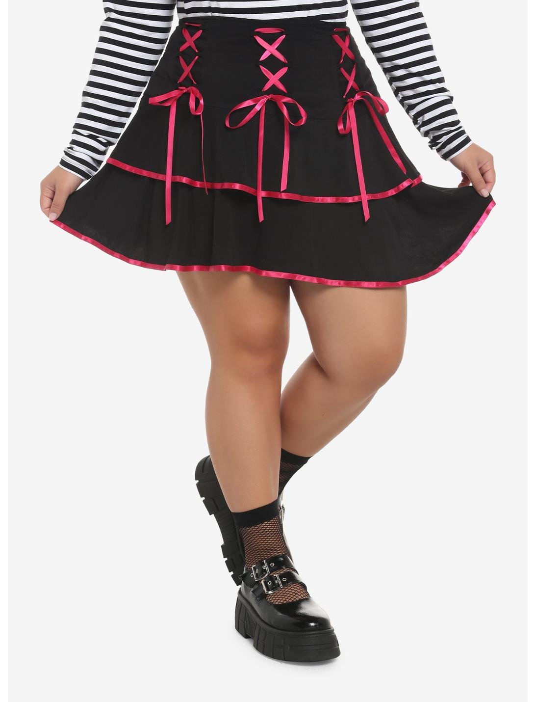 Black & Pink Lace-Up Tiered Skirt Plus Size, PINK, hi-res