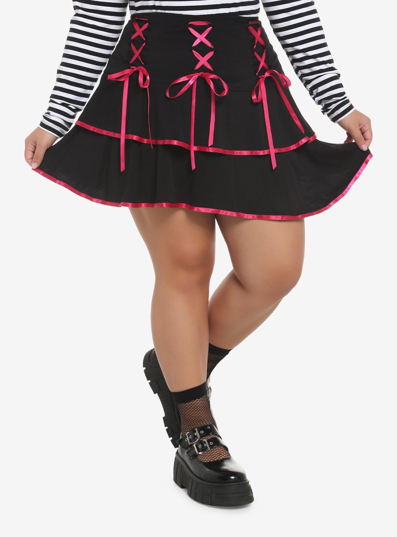 Black & Pink Lace-Up Tiered Skirt Plus Size, PINK, hi-res