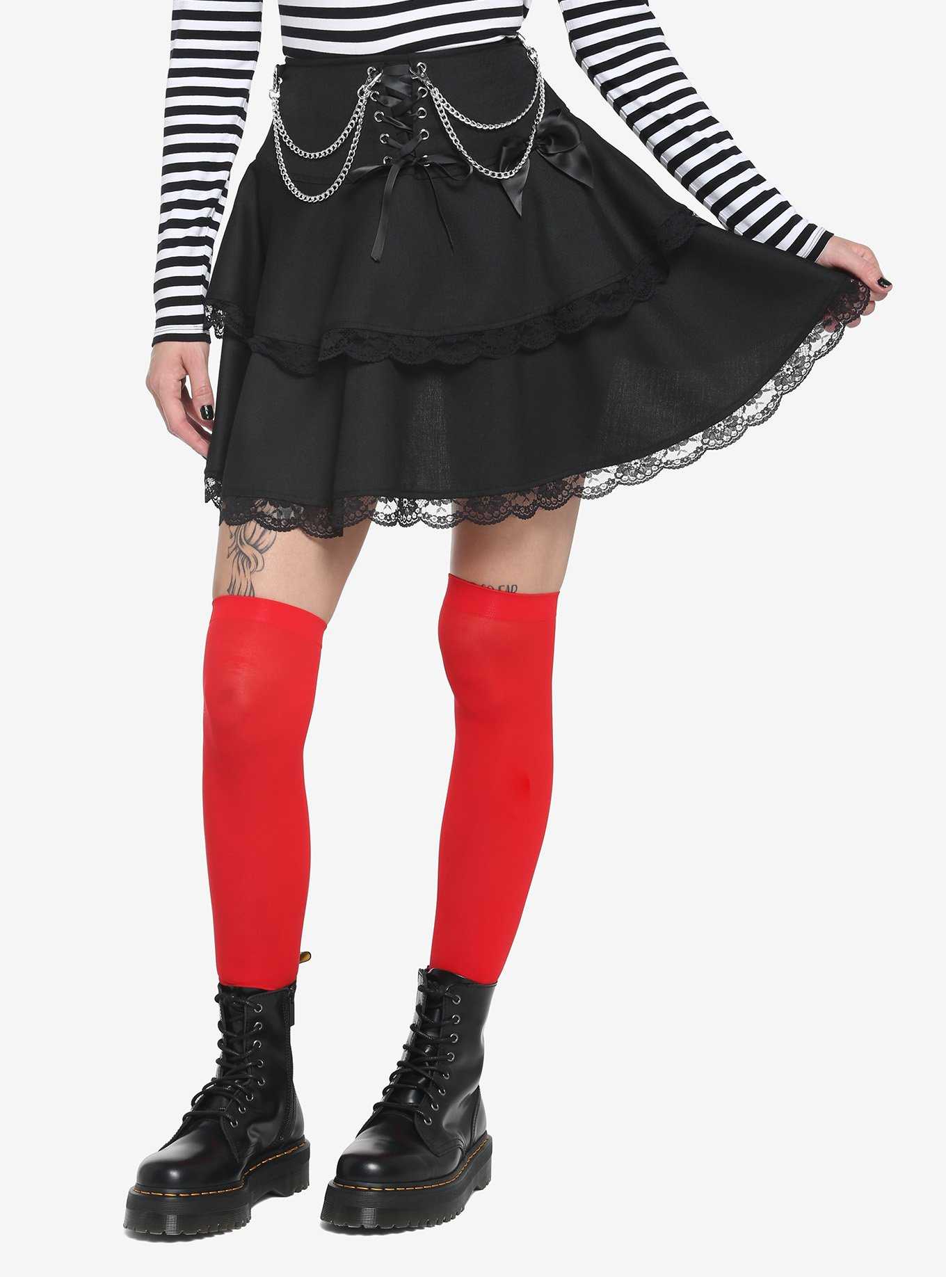 Black Lace-Up Chain Tiered Skirt, , hi-res