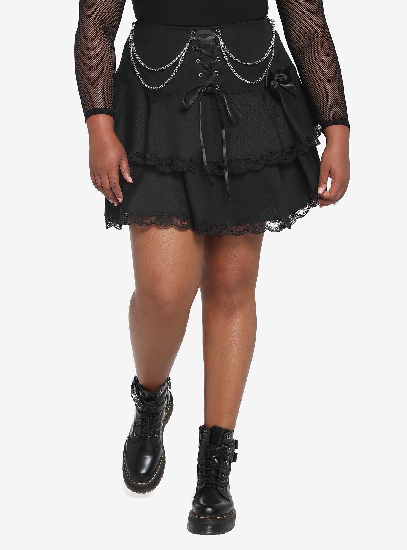 Black Lace-Up Chain Tiered Skirt Plus Size, BLACK, hi-res