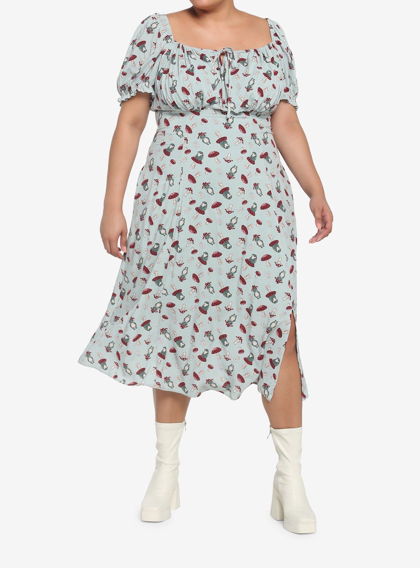 Frog Mushroom Sage Green Empire Midi Dress Plus Size, GREEN, hi-res