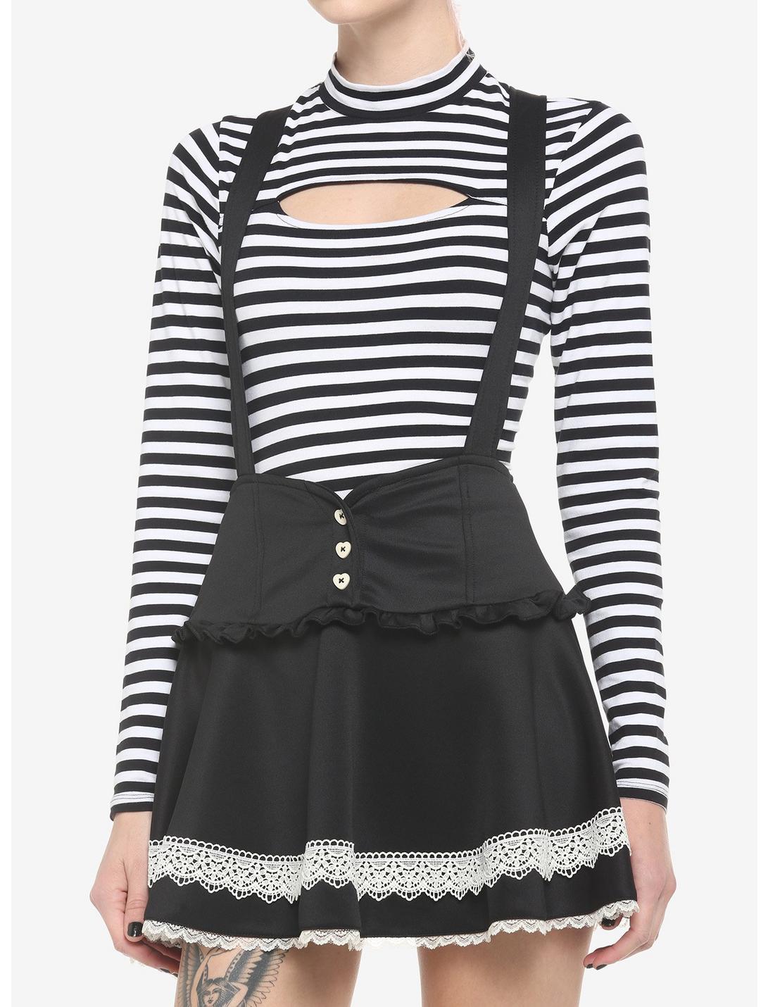 Black & White Lace Heart Waist Suspender Skirt, BLACK, hi-res