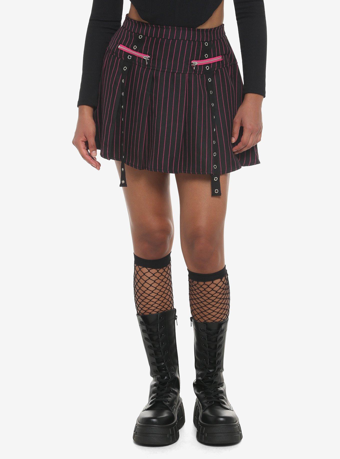 Black & Pink Pinstripe Pleated Skirt, PINSTRIPE, hi-res