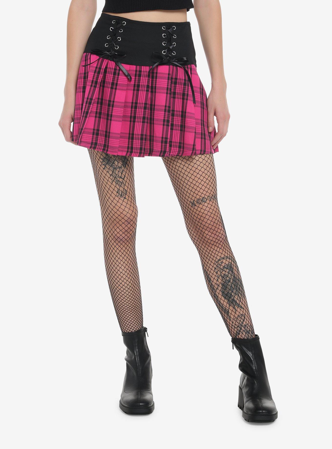 Pink Plaid Lace-Up Pleated Skirt