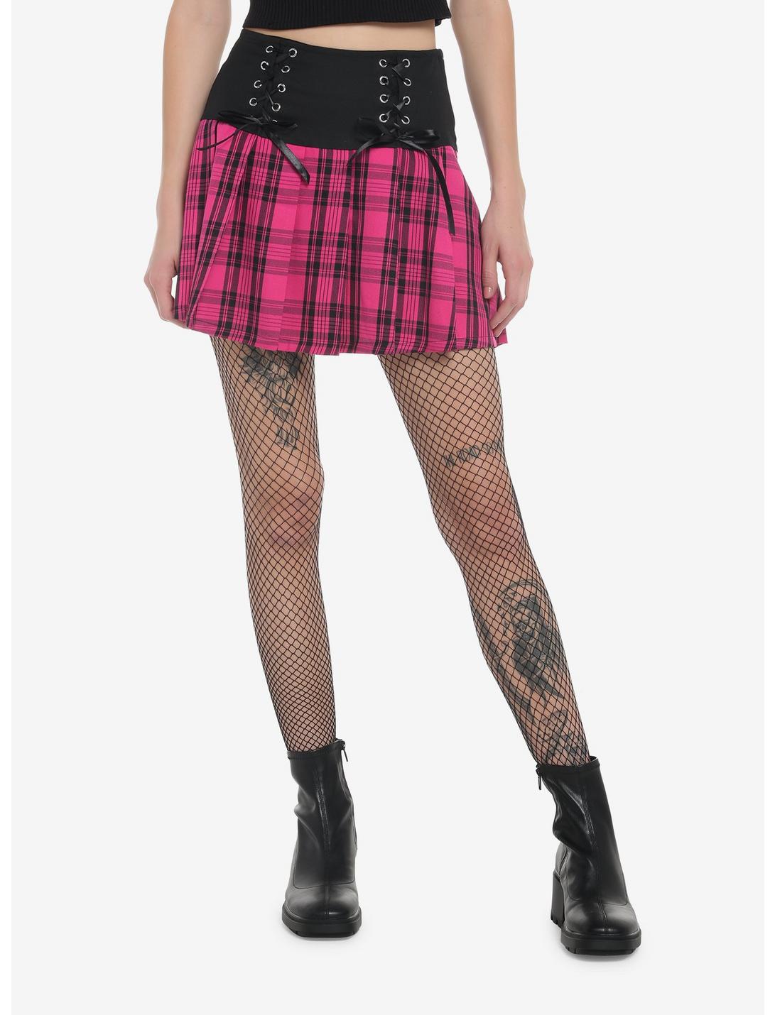 Pink Plaid Lace-Up Pleated Skirt, PLAID - PINK, hi-res