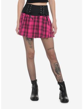 Pink Plaid Lace-Up Pleated Skirt, , hi-res