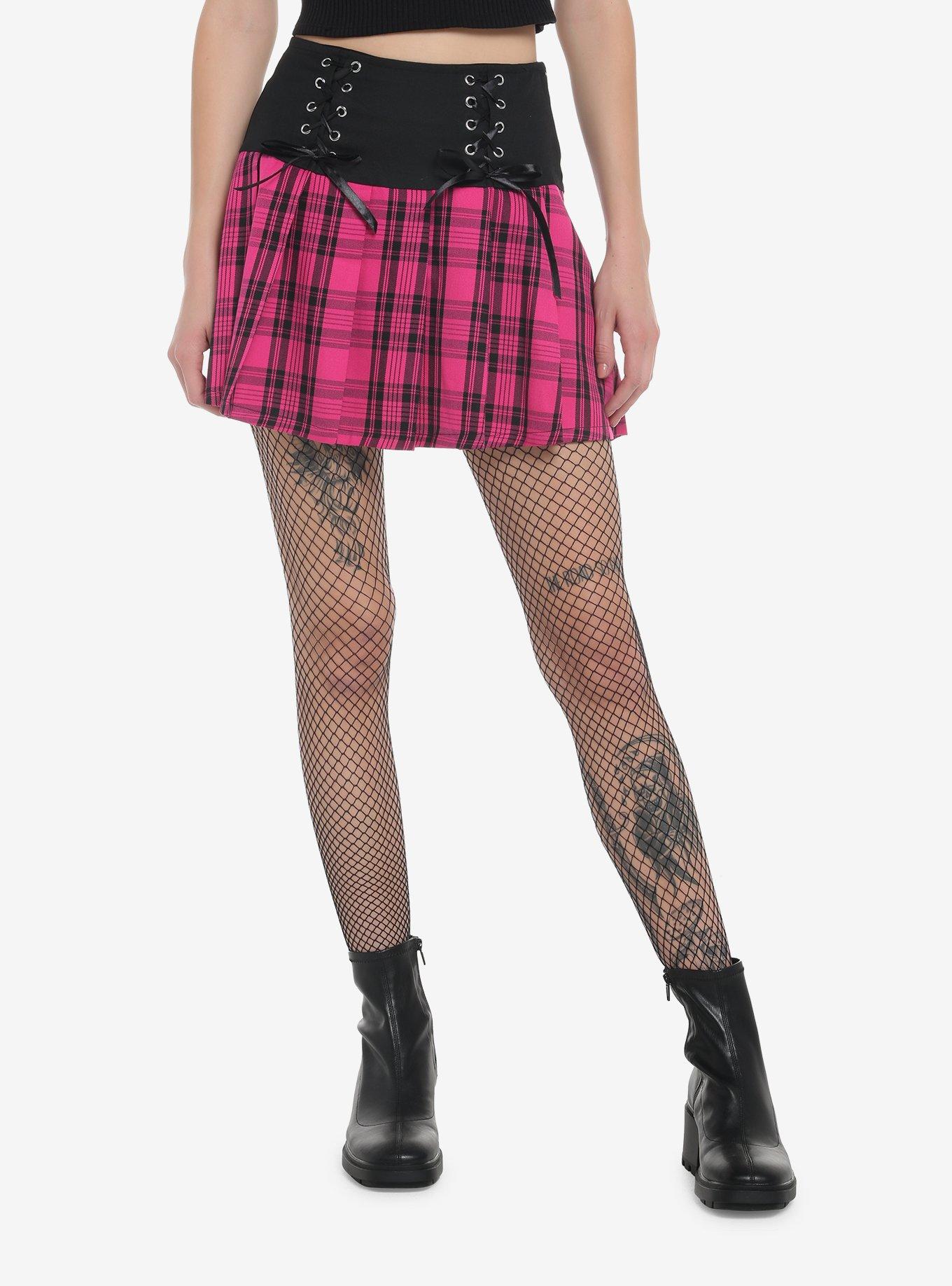Pink Plaid Lace-Up Pleated Skirt | Hot Topic