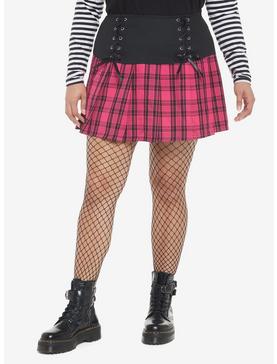 Pink Plaid Lace-Up Pleated Skirt Plus Size, , hi-res