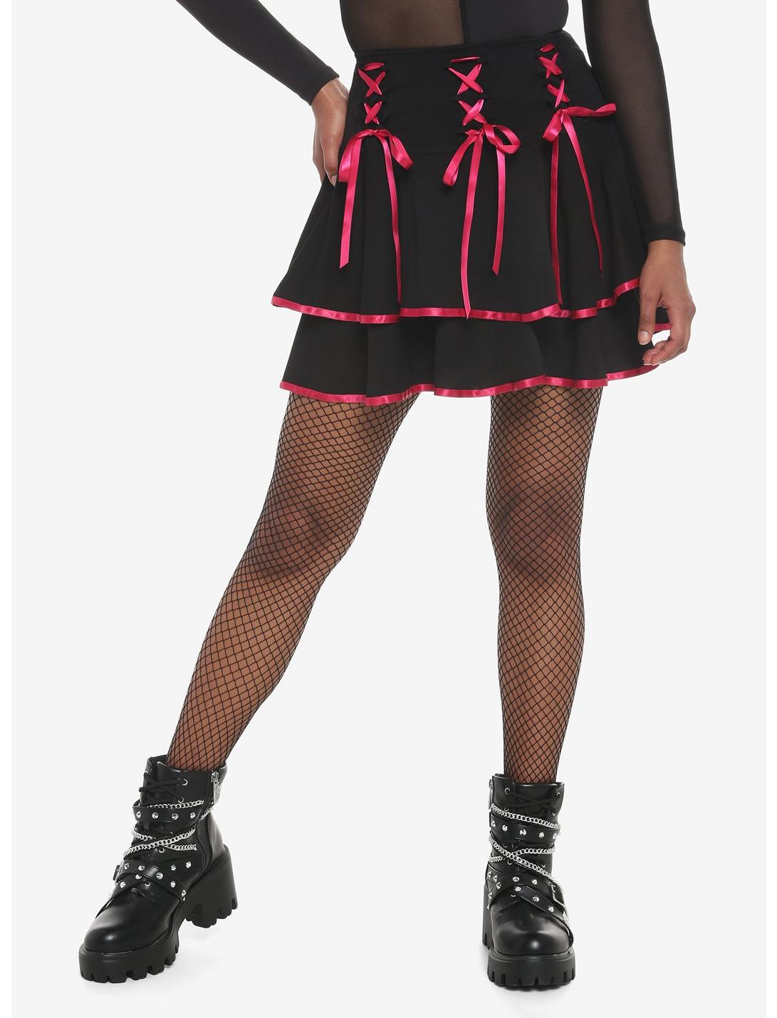 Black & Pink Lace-Up Tiered Skirt, PINK, hi-res