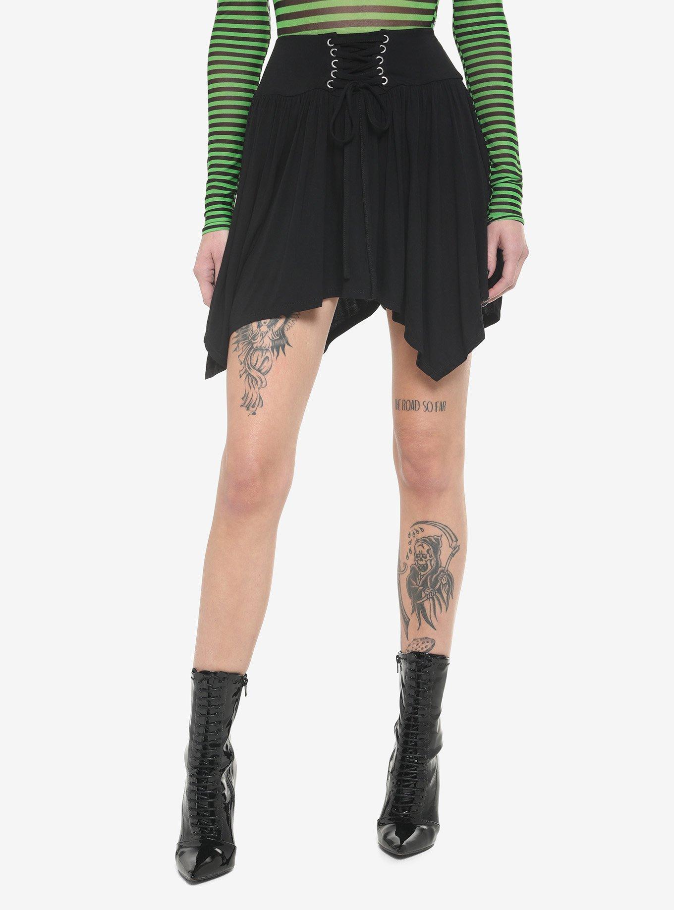 Black Lace-Up Hanky Hem Skirt, BLACK, hi-res