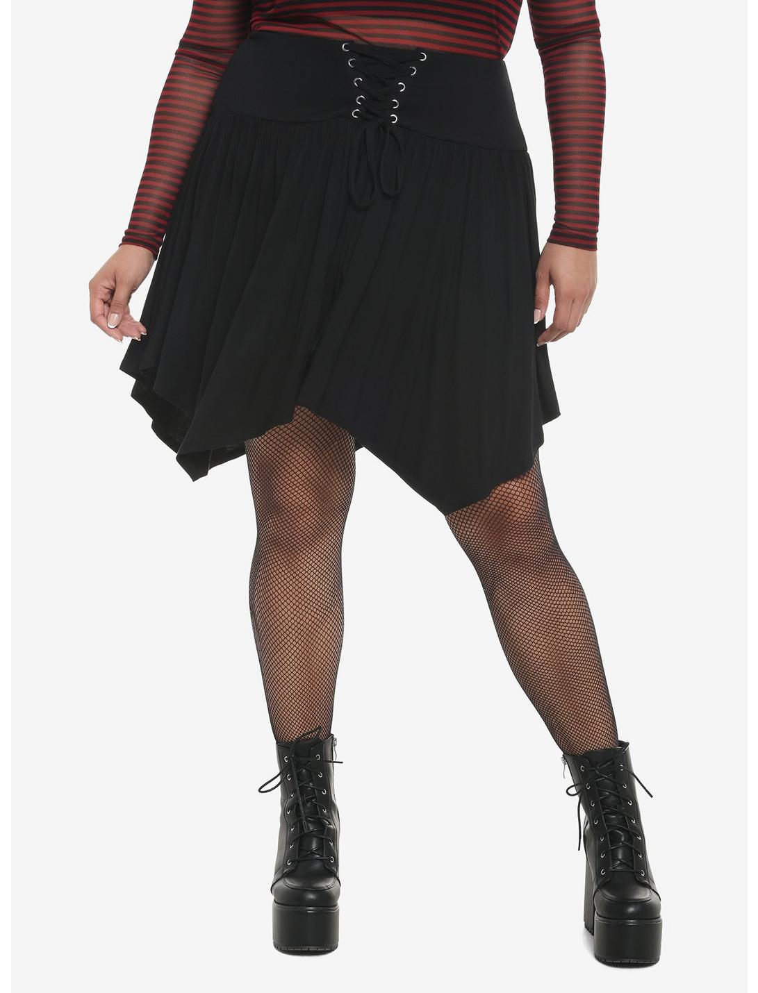 Black Lace-Up Hanky Hem Skirt Plus Size, BLACK, hi-res