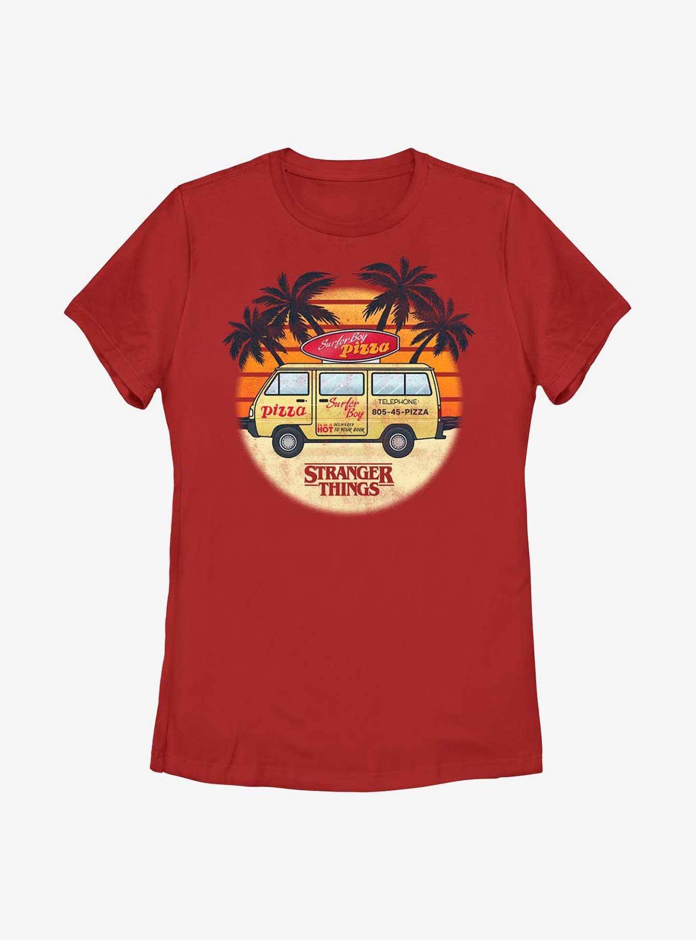 Stranger Things Surfer Boy Pizza Sunset Womens T-Shirt, RED, hi-res