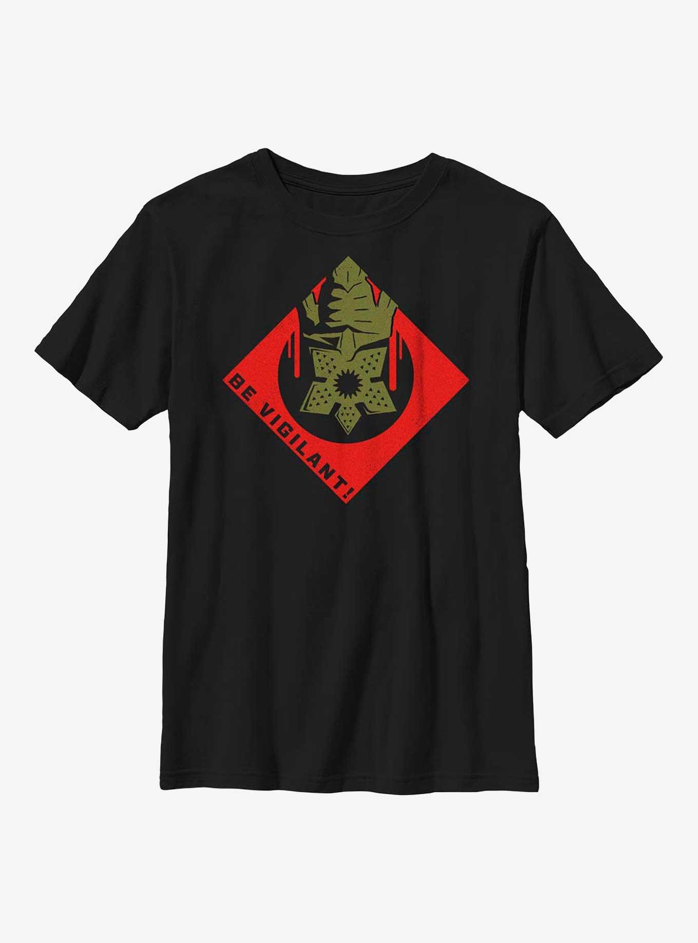 Stranger Things Be Vigilant Demogorgon Badge Youth T-Shirt, BLACK, hi-res