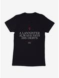 Game Of Thrones Quote Lannister Always Pays His Debts Womens T-Shirt, , hi-res