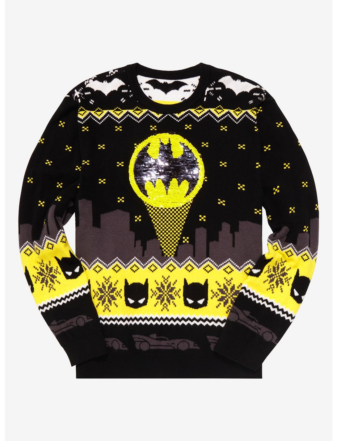 DC Comics Batman Bat Signal Sequin Holiday Sweater - BoxLunch Exclusive, BLACK, hi-res