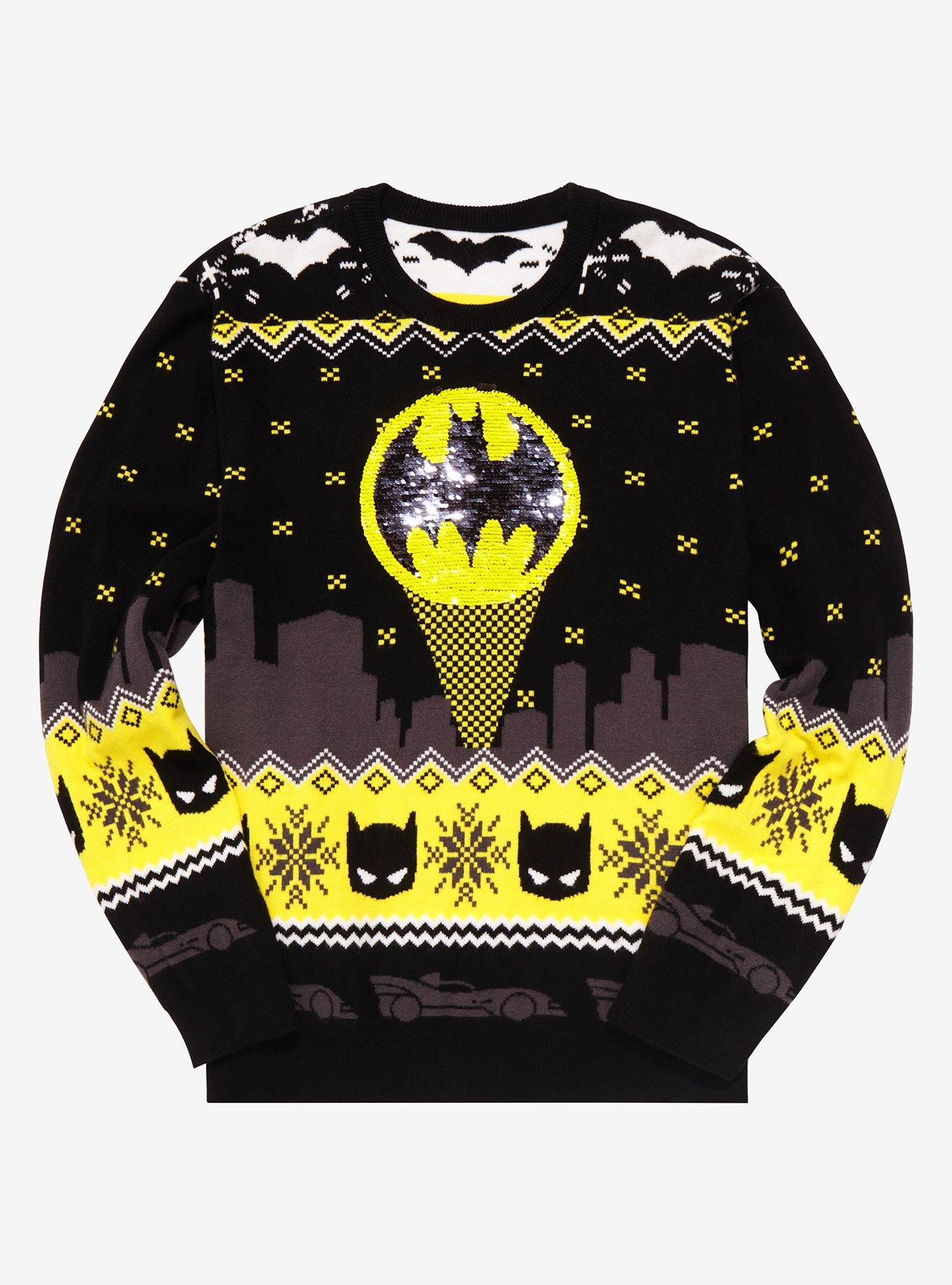 DC Comics Batman Bat Signal Sequin Holiday Sweater - BoxLunch Exclusive, BLACK, hi-res