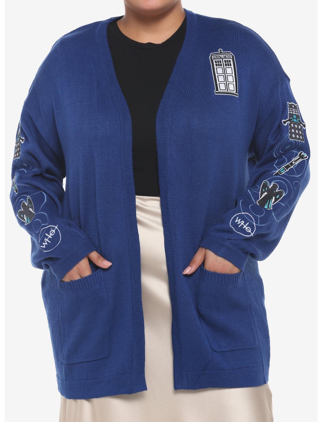 Her Universe Doctor Who Icon Embroidered Open Cardigan Plus Size, DARK BLUE, hi-res