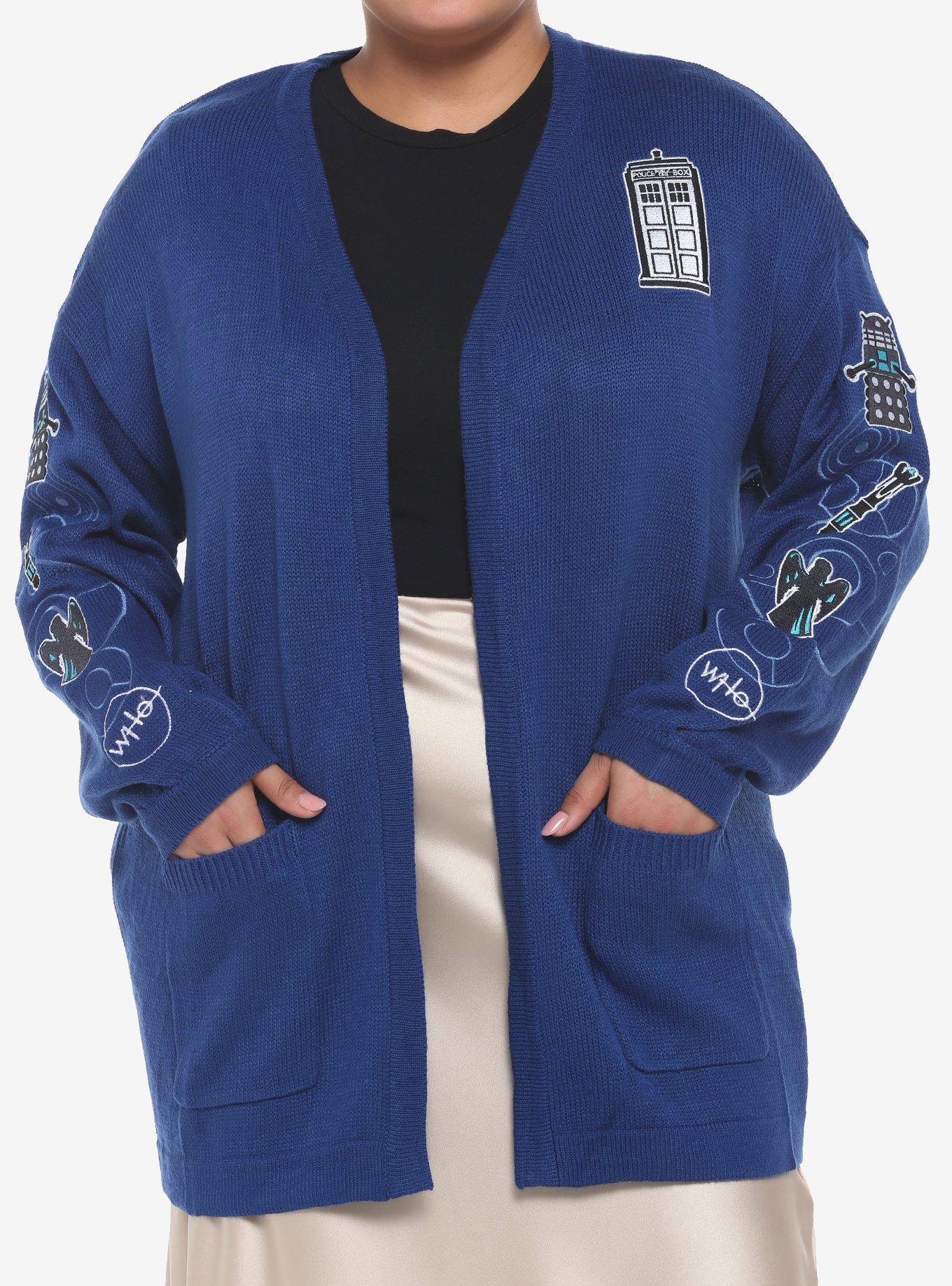 Her Universe Doctor Who Icon Embroidered Open Cardigan Plus Size, DARK BLUE, hi-res