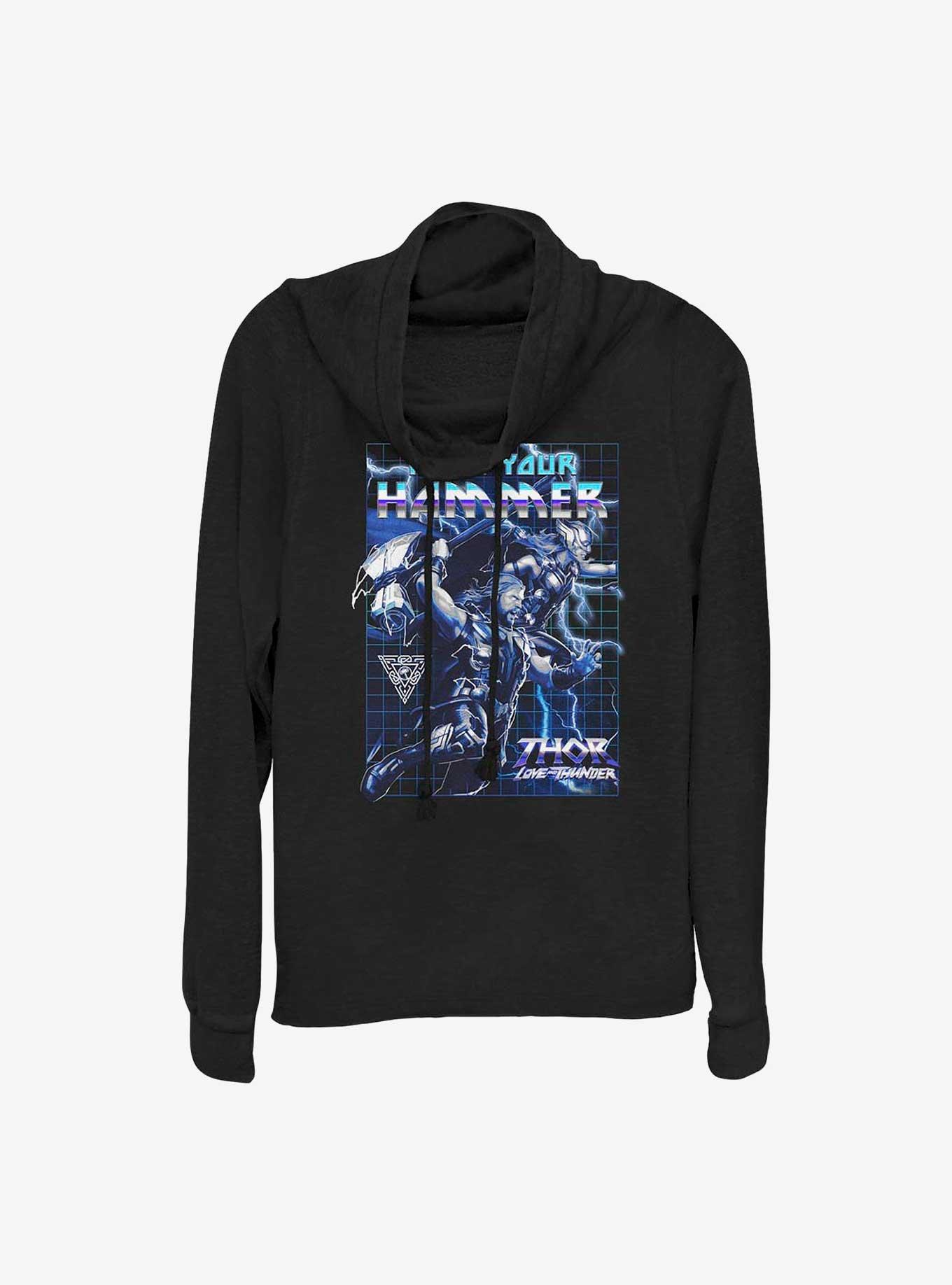 Marvel Thor: Love And Thunder Raise Your Hammer Girl's Cowl Neck Long Sleeve Top, BLACK, hi-res