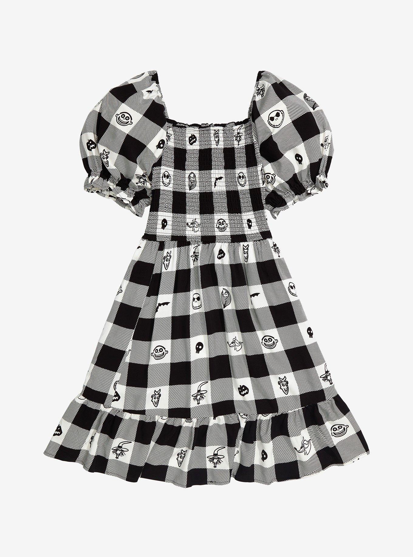 Her Universe Disney The Nightmare Before Christmas Face Portraits Gingham Smocked Dress, BLACK-WHITE CHECK, hi-res