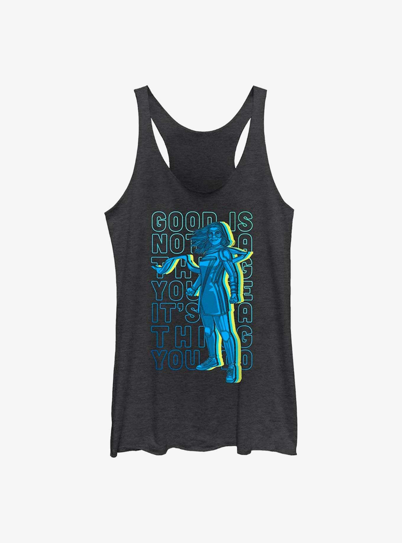 Marvel Ms. Marvel Do Good Stack GIrls Raw Edge Tank, BLK HTR, hi-res