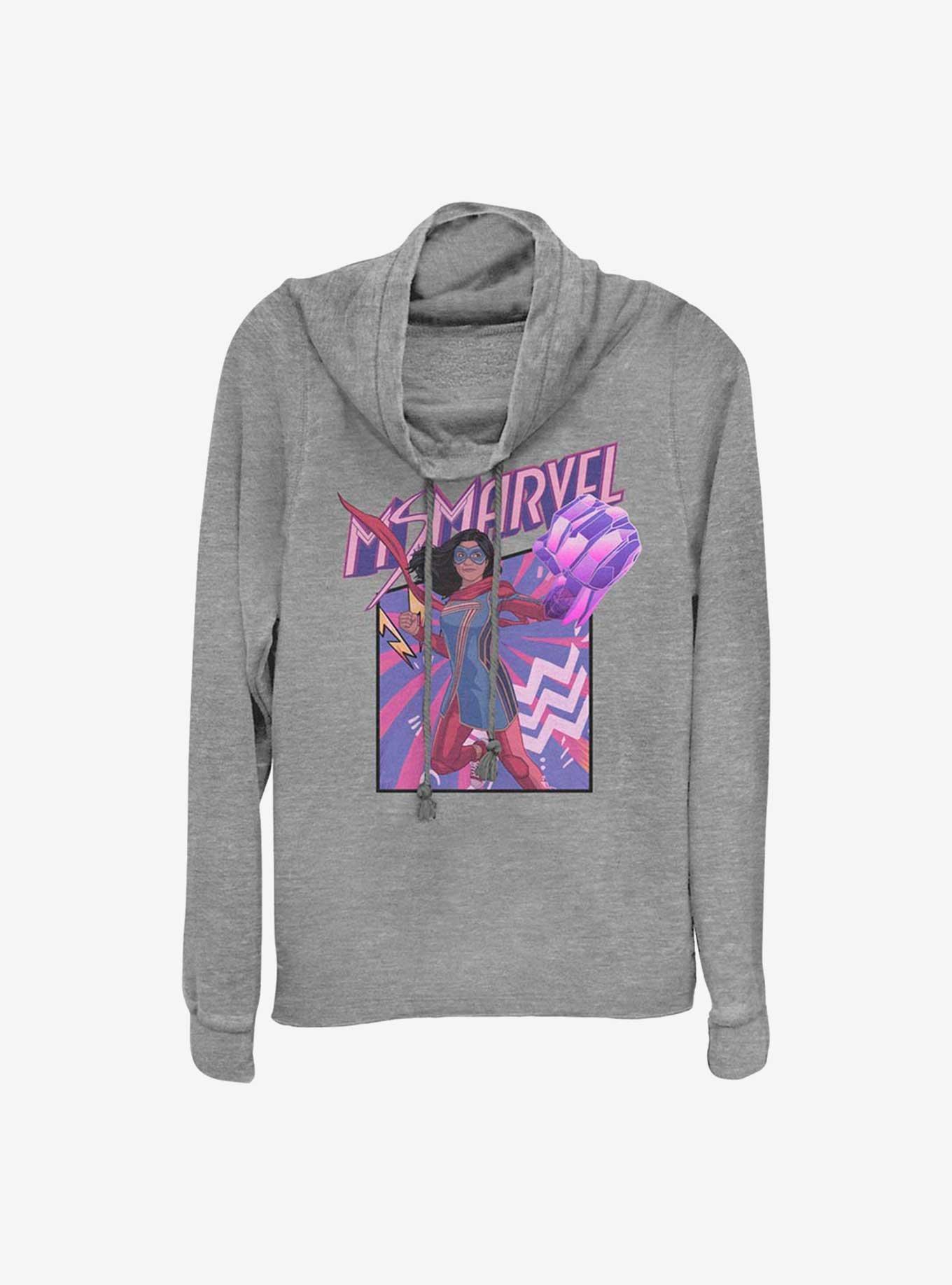 Marvel Ms. Marvel Fist Panel Cowlneck Long-Sleeve Girls Top, GRAY HTR, hi-res