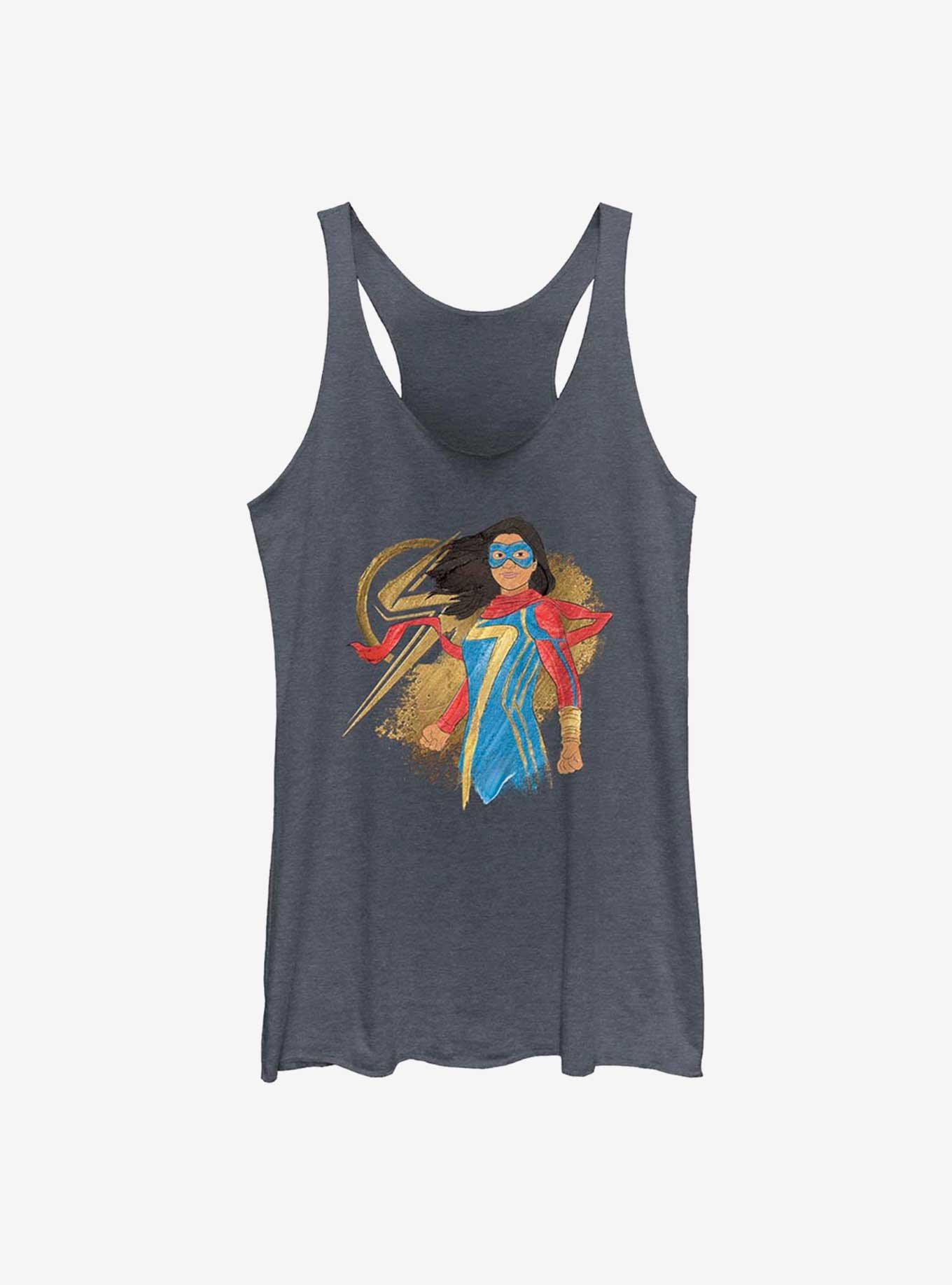 Marvel Ms. Marvel Portrait GIrls Raw Edge Tank, NAVY HTR, hi-res