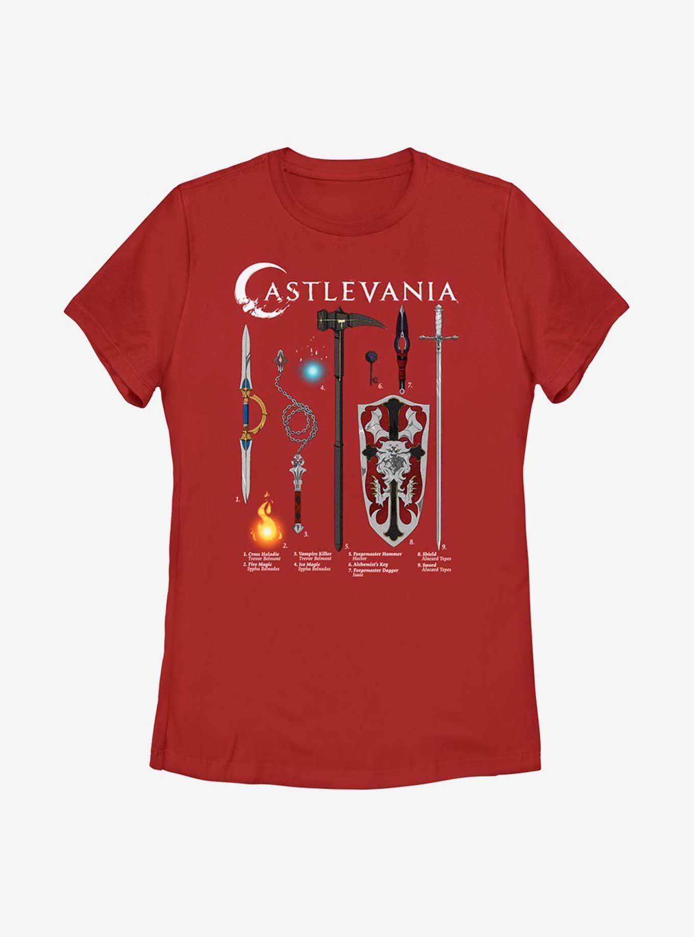 Castlevania Weapons Textbook Womens T-Shirt, RED, hi-res