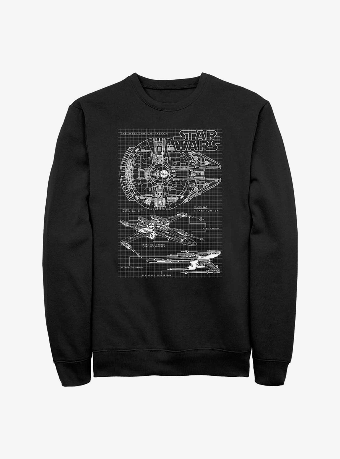 Star Wars X-Wing & Millenium Falcon Schematics Sweatshirt, BLACK, hi-res