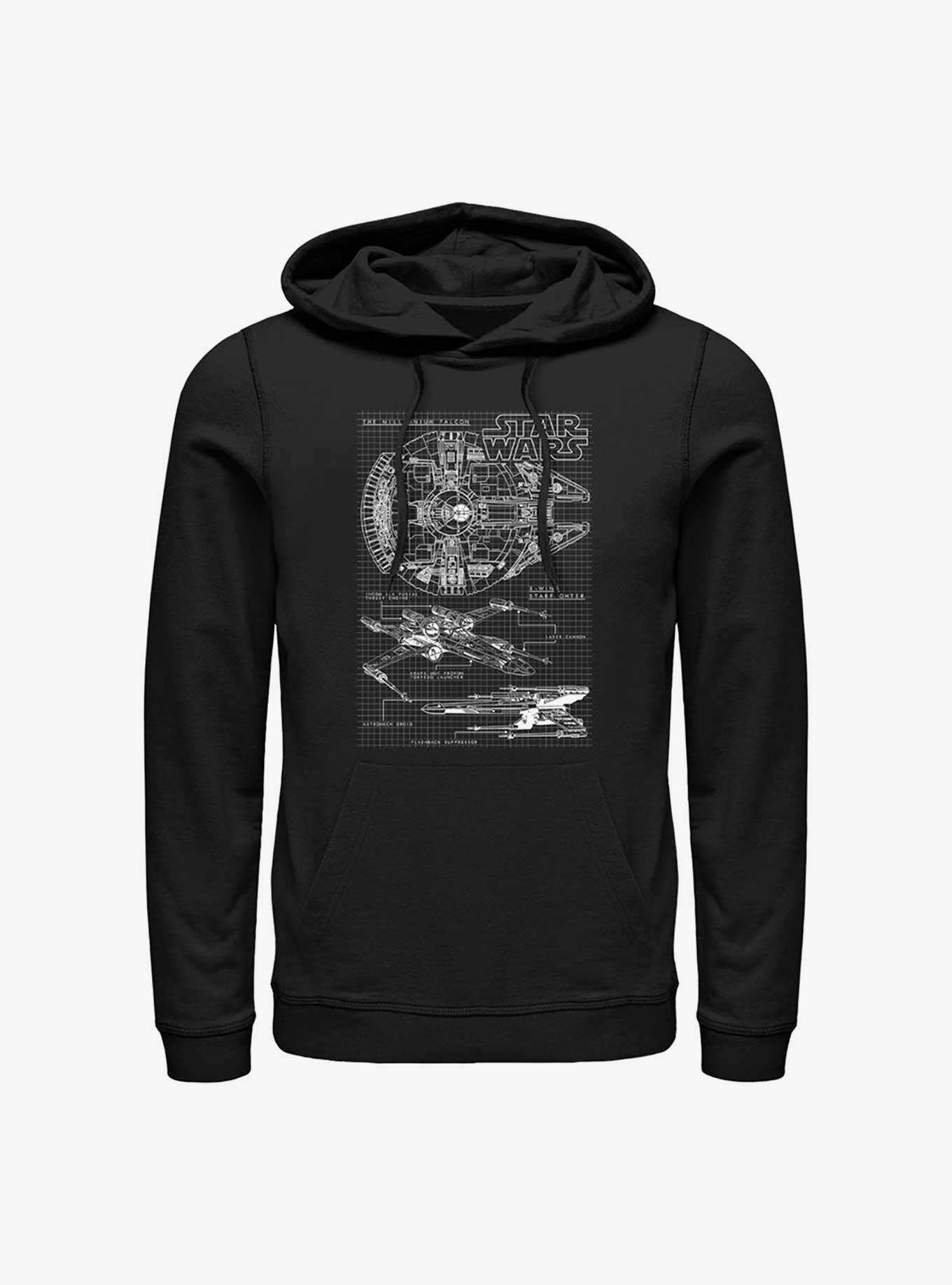 Star Wars X-Wing & Millenium Falcon Schematics Hoodie, BLACK, hi-res