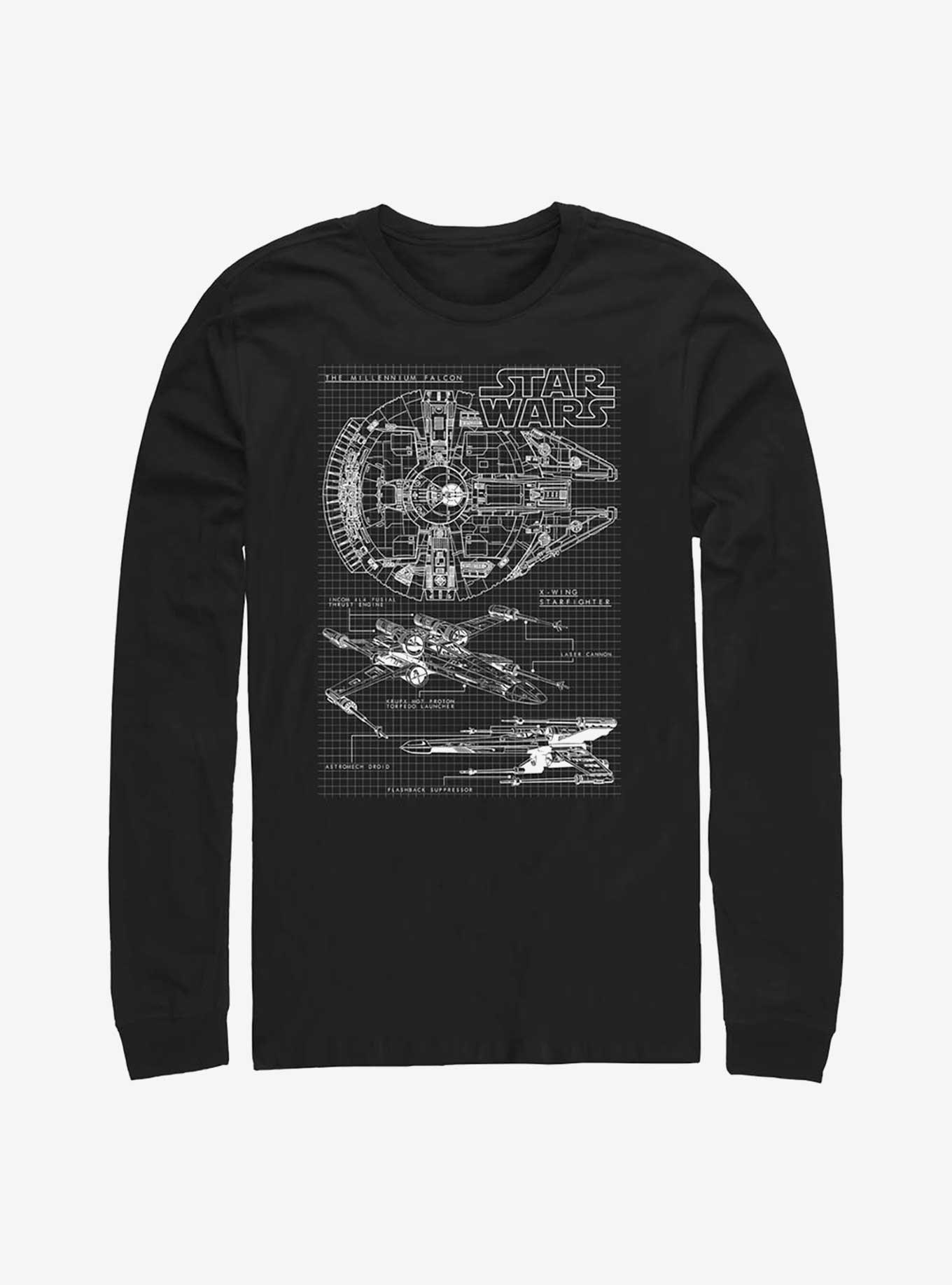 Star Wars X-Wing & Millenium Falcon Schematics Long Sleeve T-Shirt, BLACK, hi-res