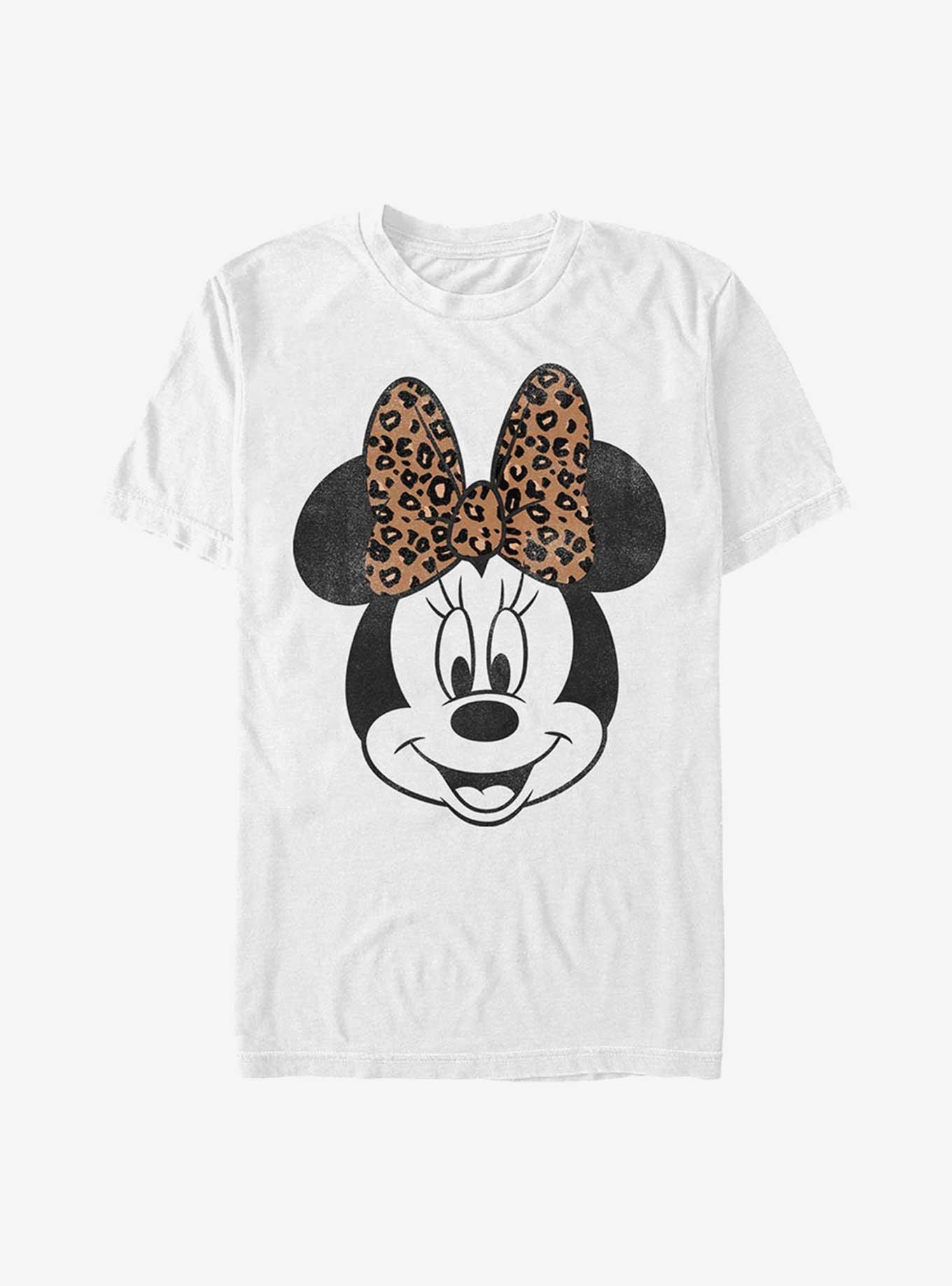 Disney Minnie Mouse Face Leopard Bow T-Shirt, WHITE, hi-res