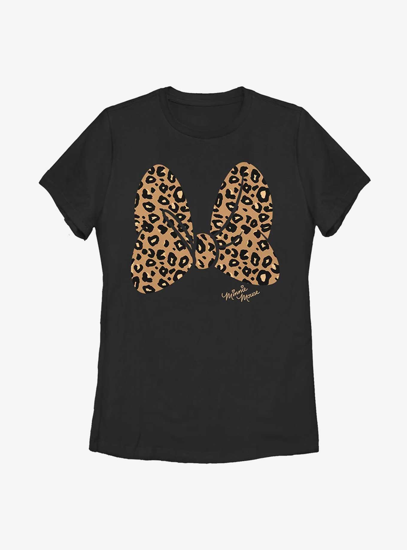 Disney Minnie Mouse Animal Print Bow Womens T-Shirt, BLACK, hi-res