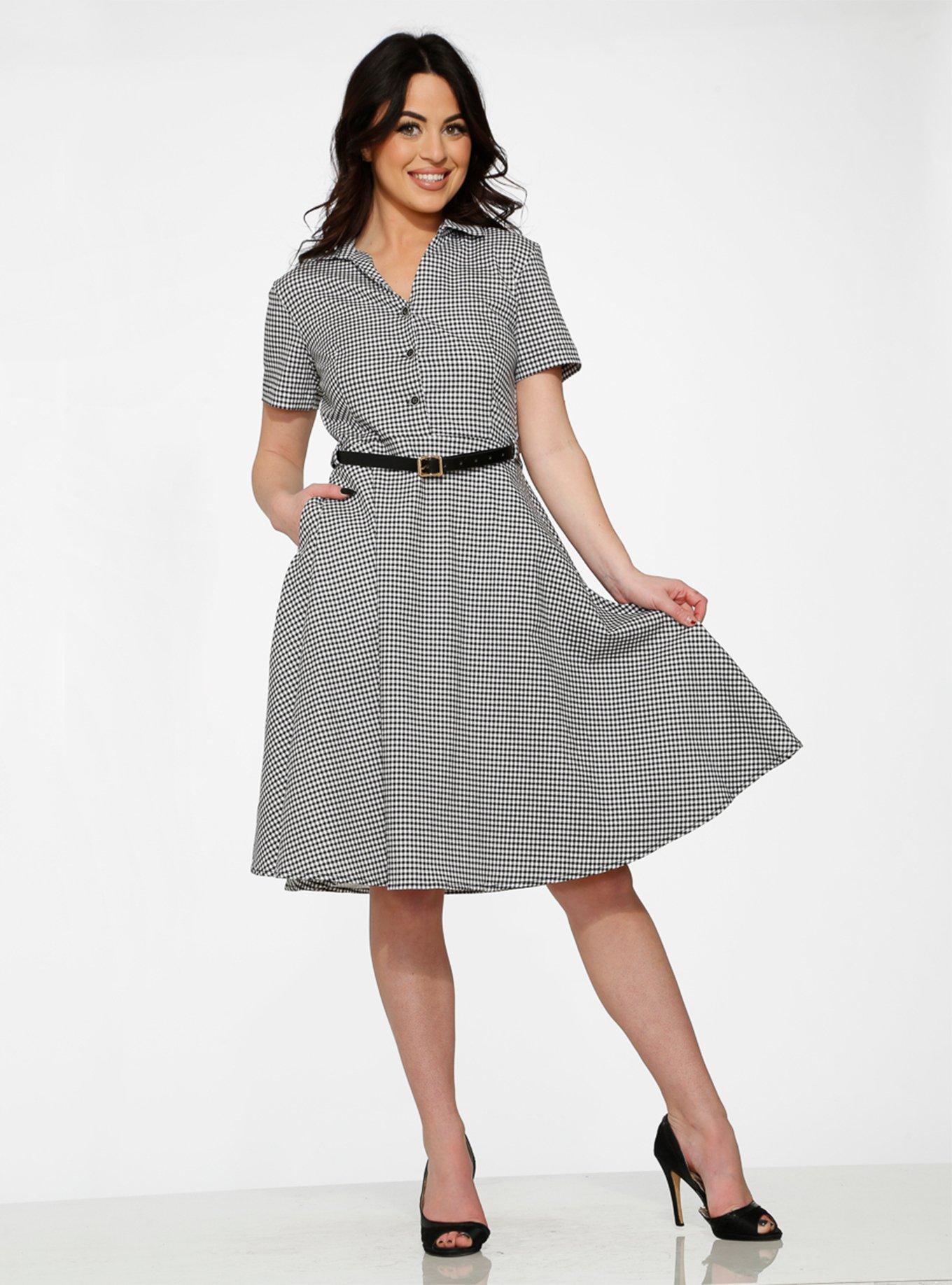 Gingham Swing Dress, GREY, hi-res