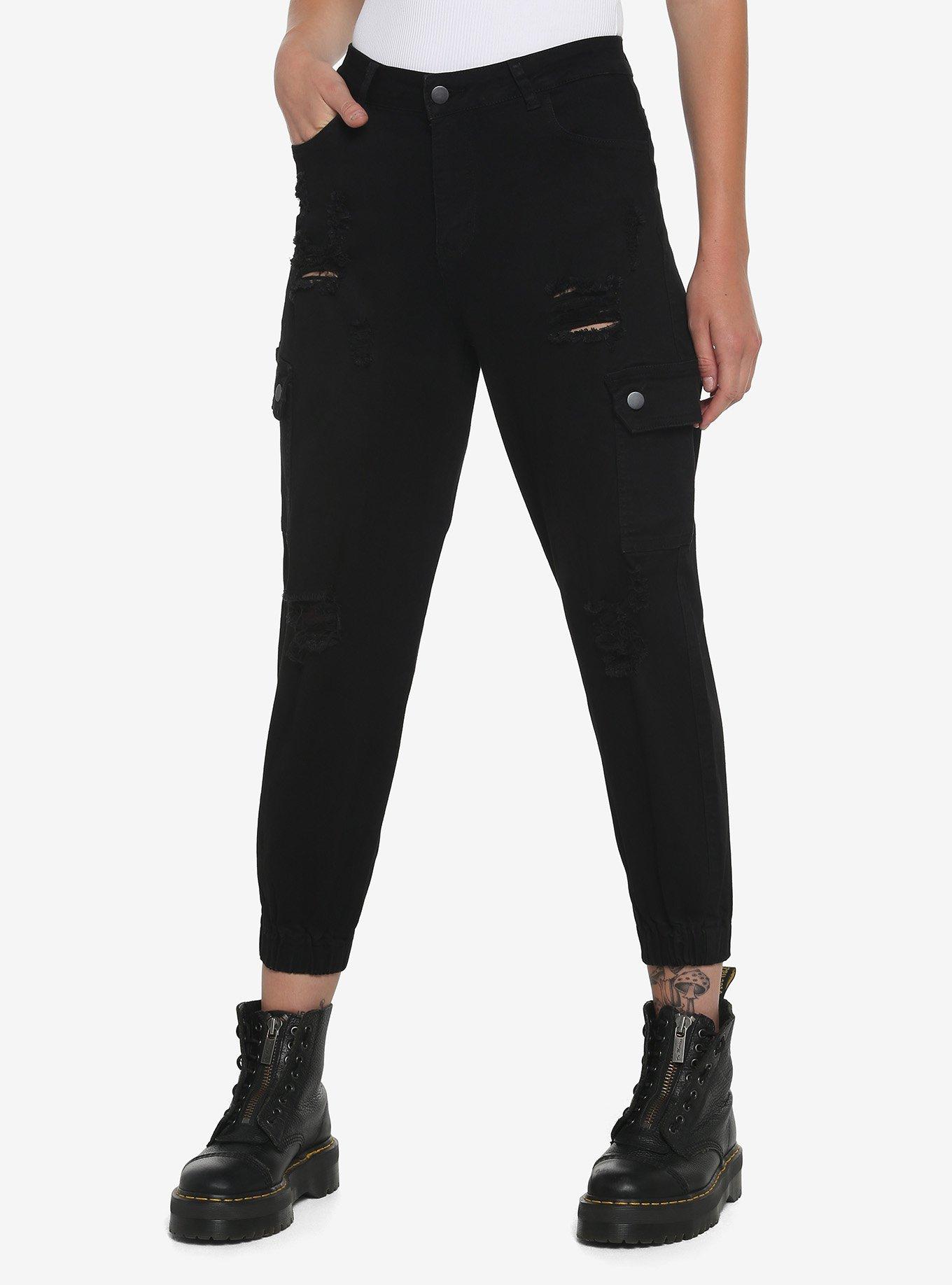 Black Destructed Cargo Jogger Pants, BLACK, hi-res