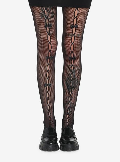 Fishnet Tights, Black, with Satin Bows – Masquerade Costume Hire