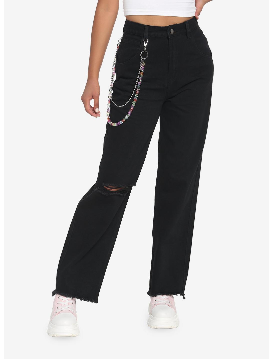 Black Straight Leg Jeans With Multicolor Beaded Chain, BLACK, hi-res