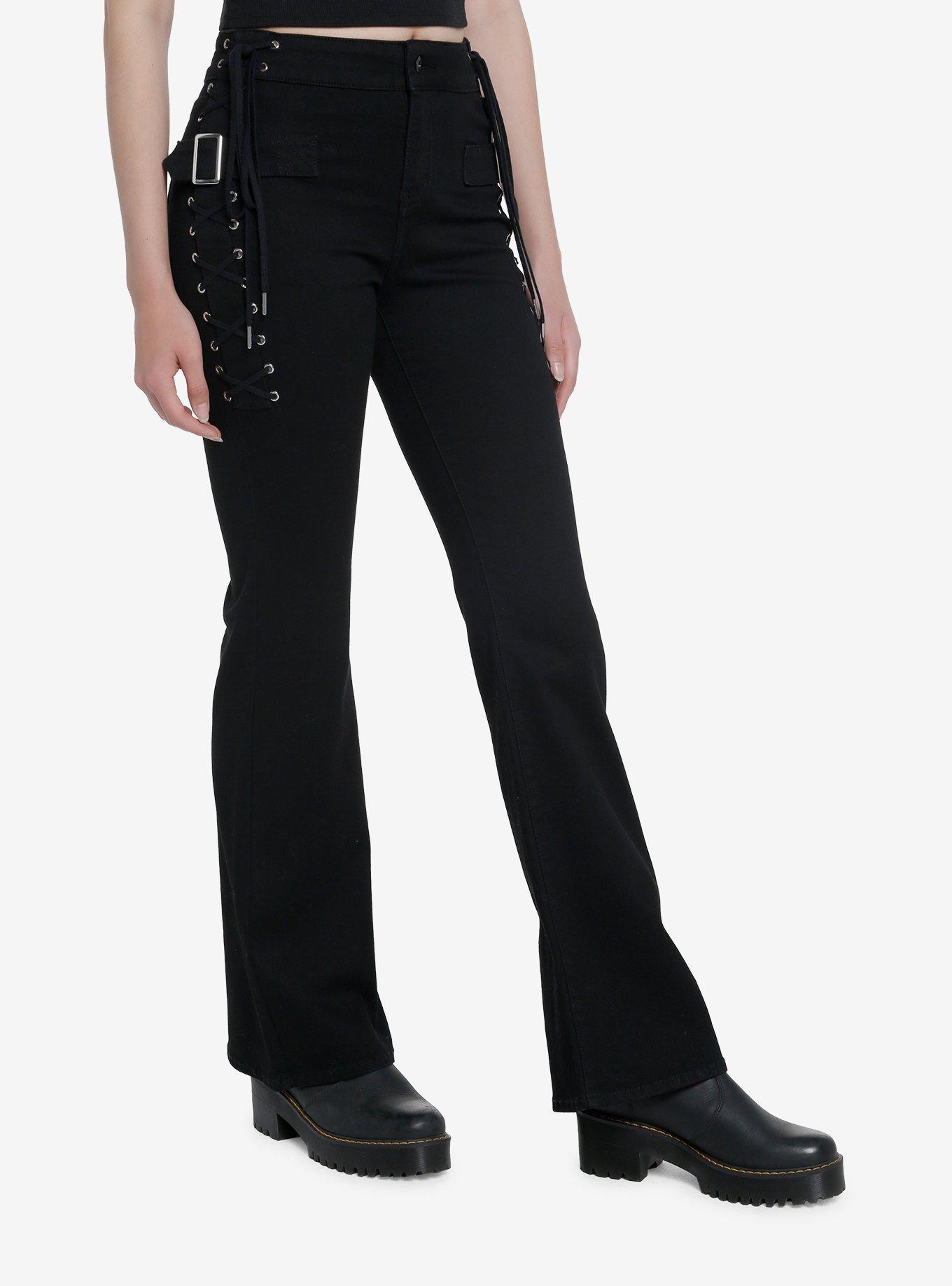 Black Lace-Up Flare Denim Pants, BLACK, hi-res