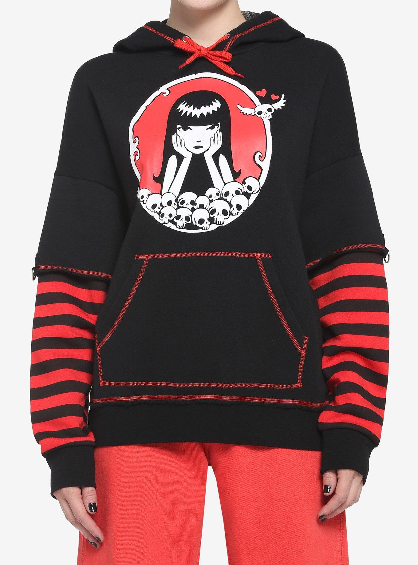 Emily The Strange Red Stripe Twofer Girls Hoodie