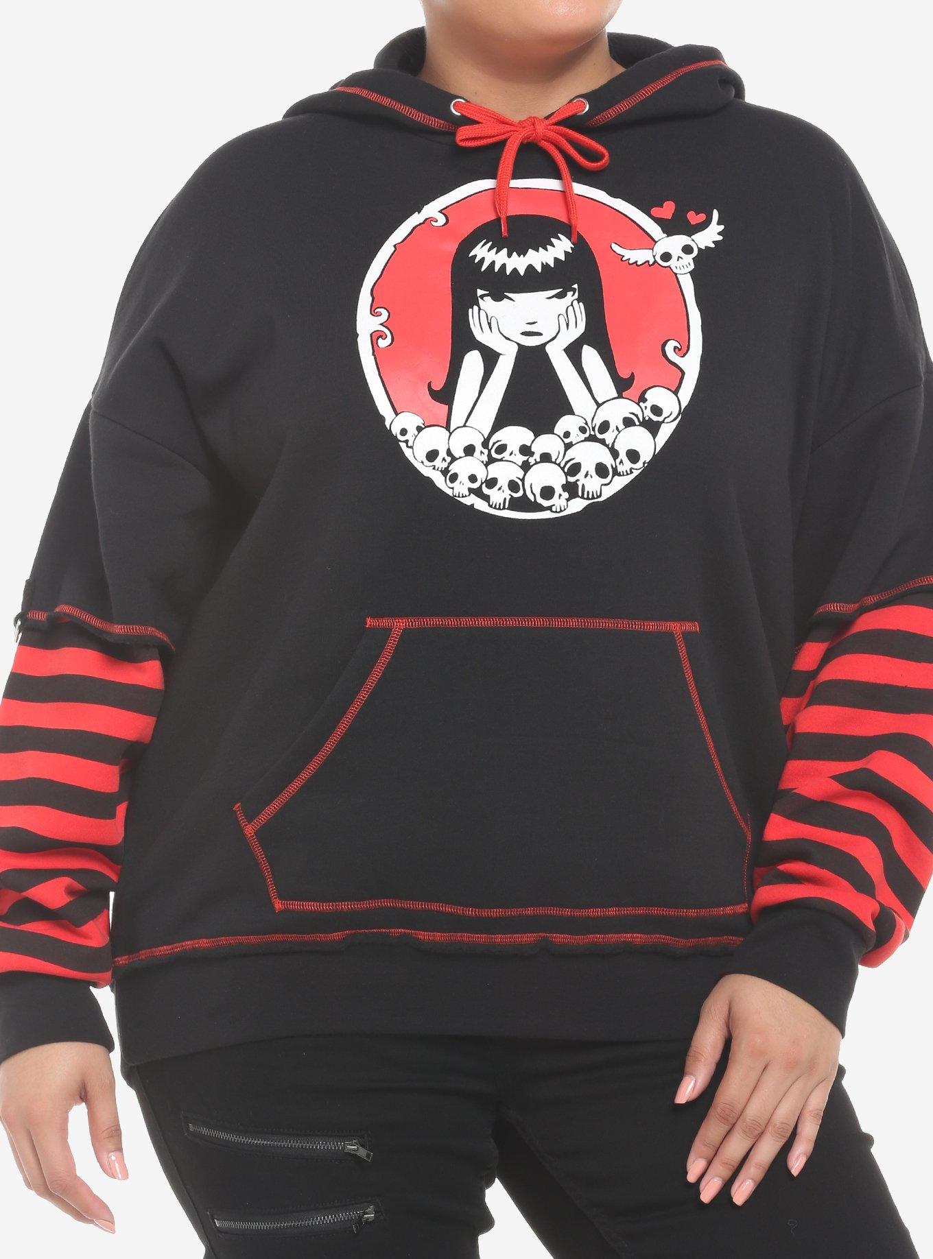 Emily The Strange Red Stripe Twofer Girls Hoodie Plus Size, MULTI, hi-res