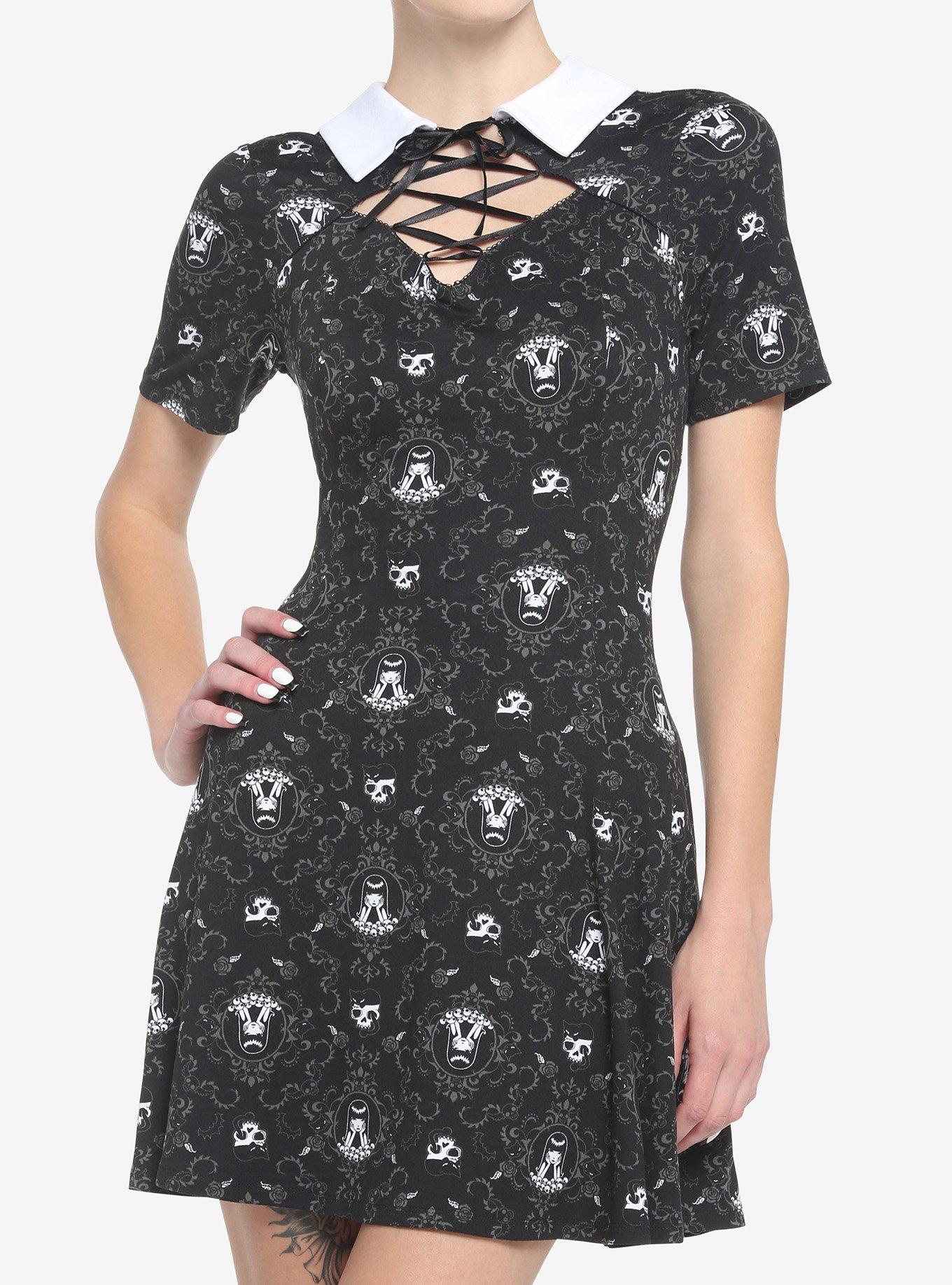 Emily The Strange Gothic Portrait Lace-Up Collar Dress, MULTI, hi-res