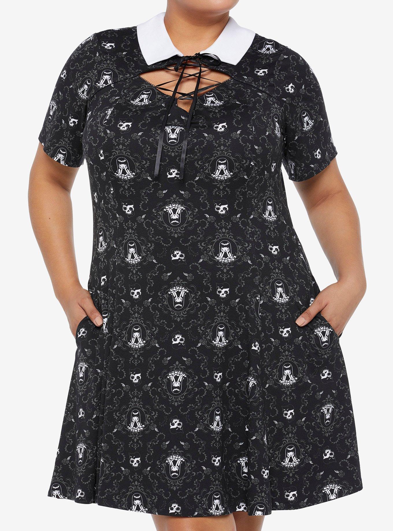 Emily The Strange Gothic Portrait Lace-Up Collar Dress Plus Size, MULTI, hi-res