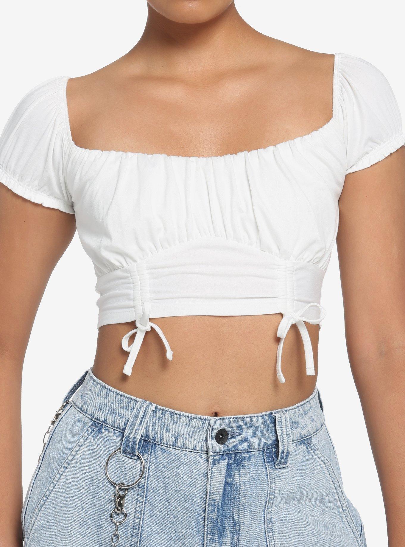 White Double Ruched Girls Crop Top, IVORY, hi-res