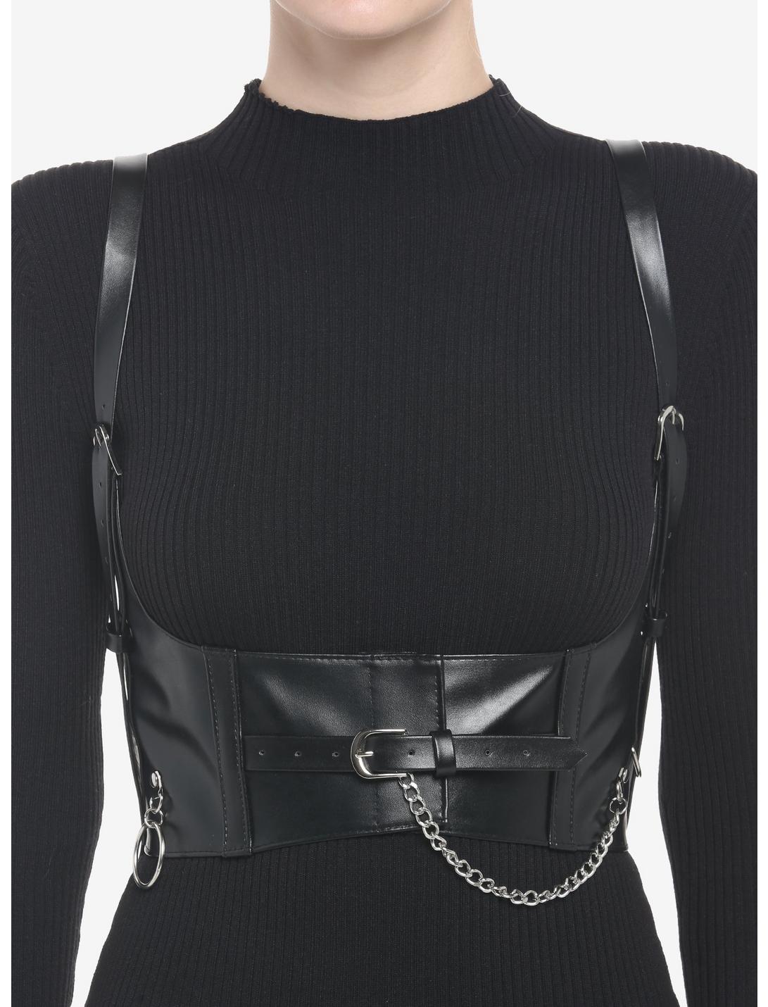 Black Faux Leather Chain Harness, BLACK, hi-res
