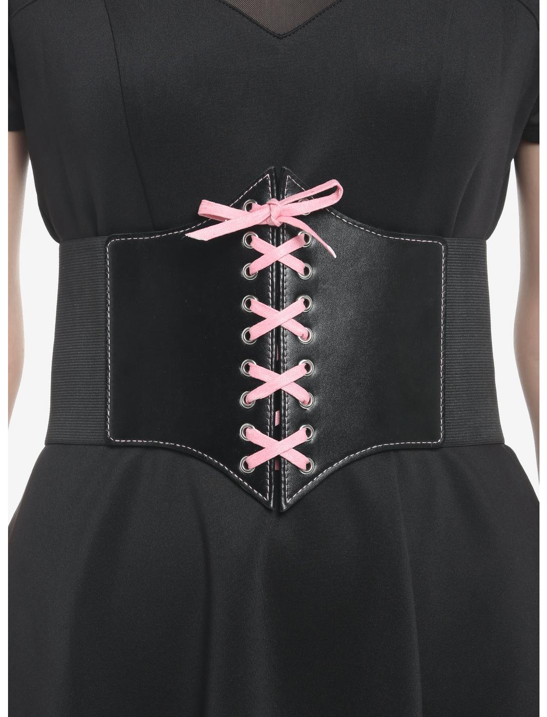Black & Pink Lace-Up Bow Corset, BLACK, hi-res